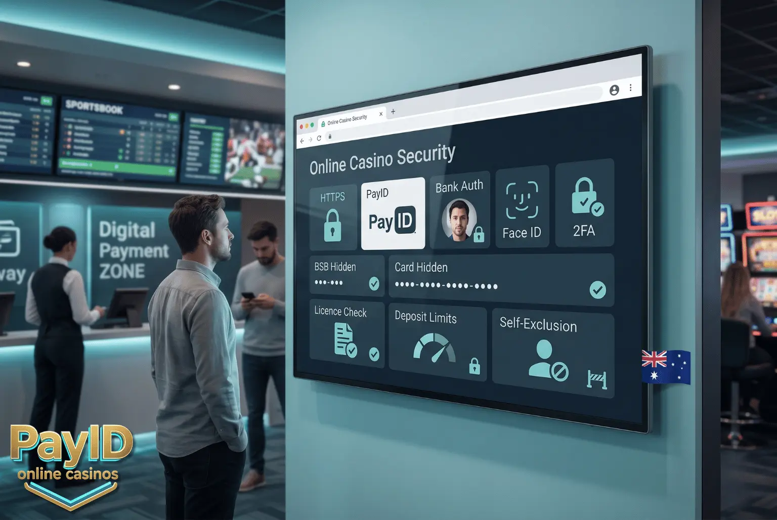 PayID casino security showing bank authentication, data protection, and private payment details